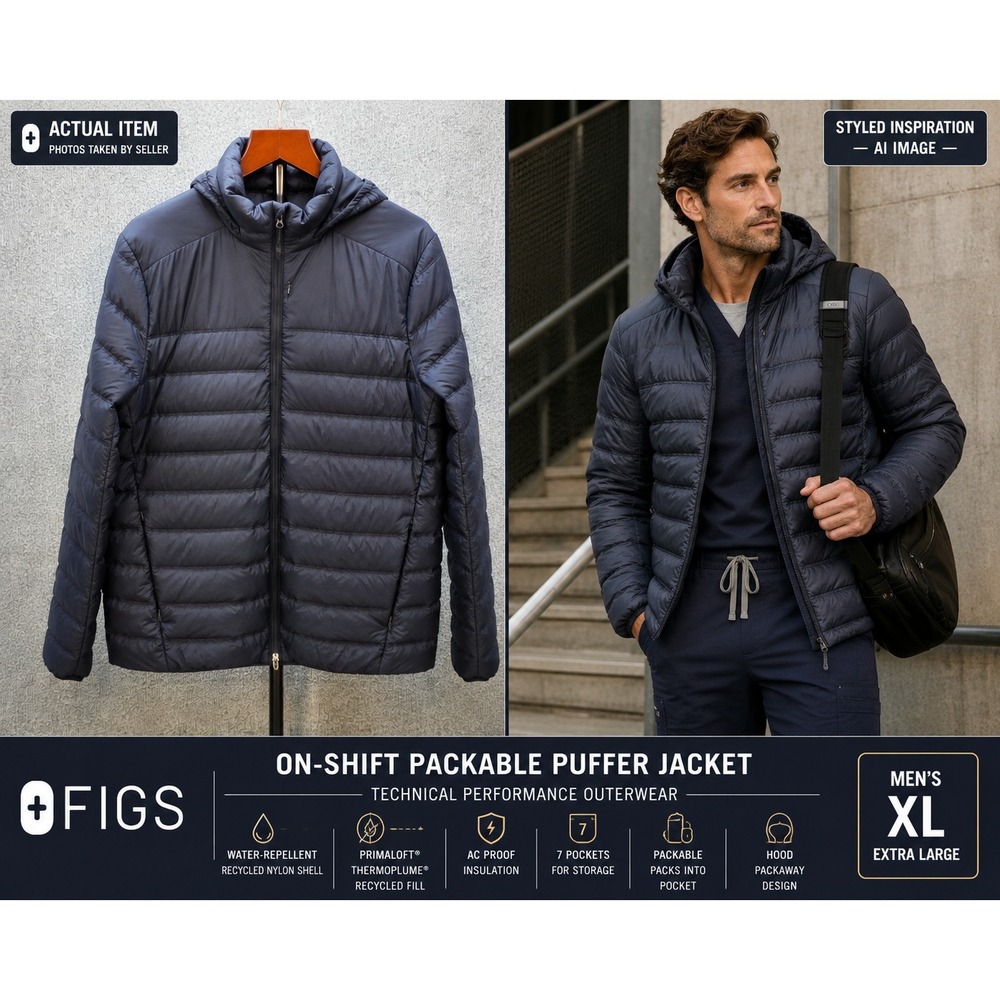 FIGS Puffer Jacket Mens Technical Performance Navy Blue XL Excellent Medcore